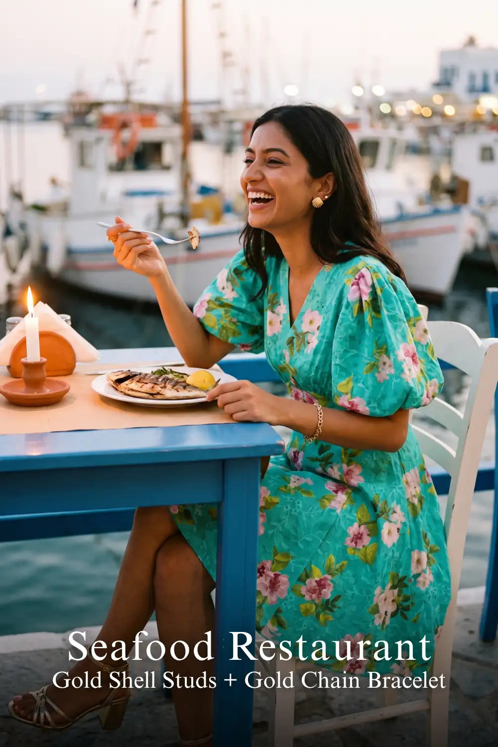 Pretty Pixie teal floral puff-sleeve mini dress for seafood restaurant.