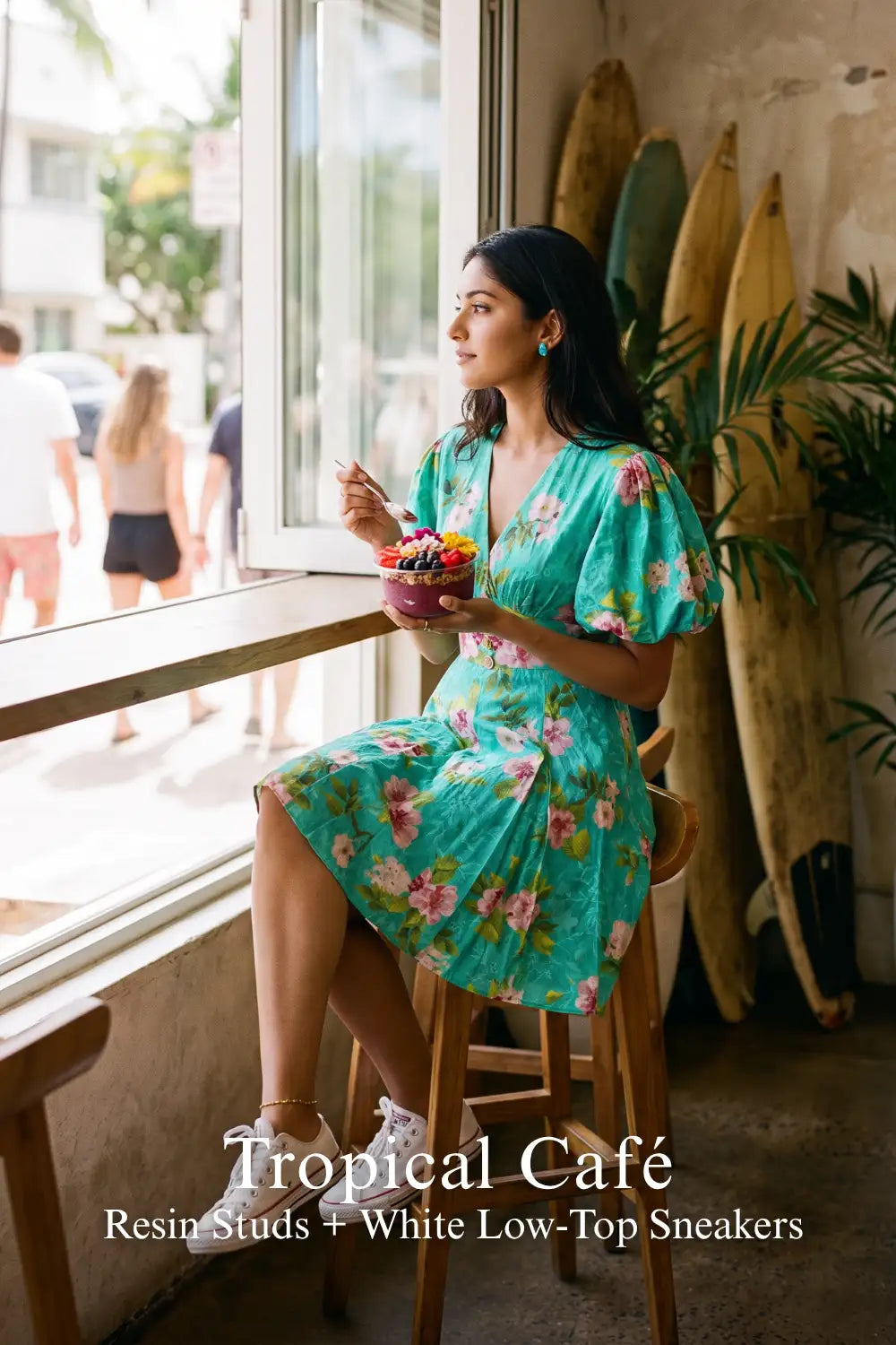 Pretty Pixie teal floral puff-sleeve mini dress for tropical cafe.