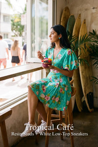 Pretty Pixie teal floral puff-sleeve mini dress for tropical cafe.