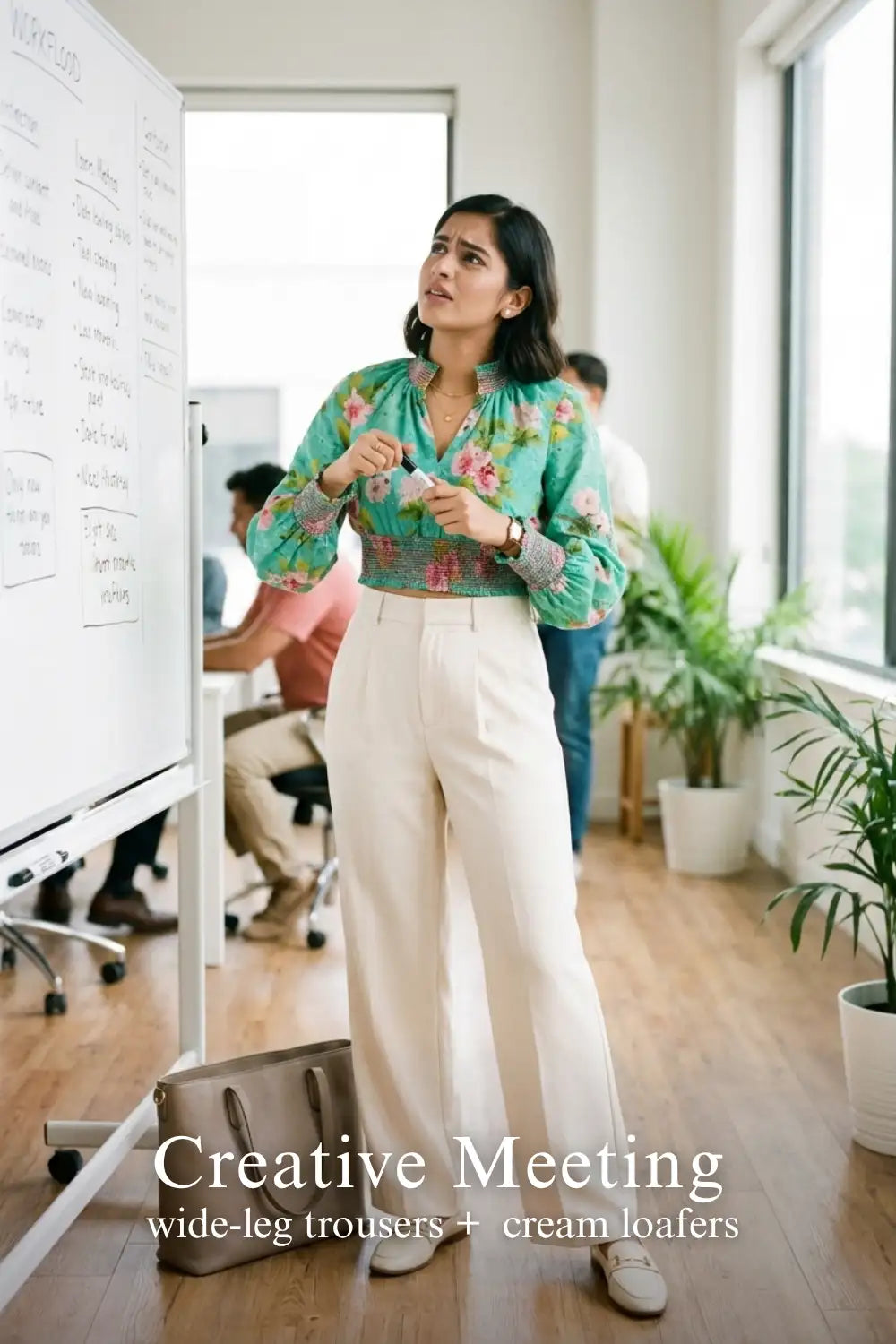 Pretty Pixie turquoise floral smocked crop top for creative meeting.