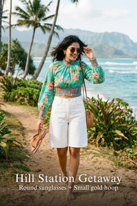 Pretty Pixie turquoise floral smocked crop top for hill station getaway.