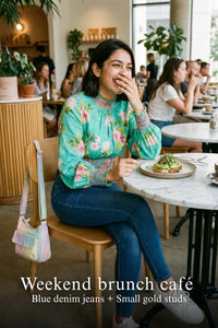 Pretty Pixie turquoise floral smocked crop top for weekend brunch cafe.