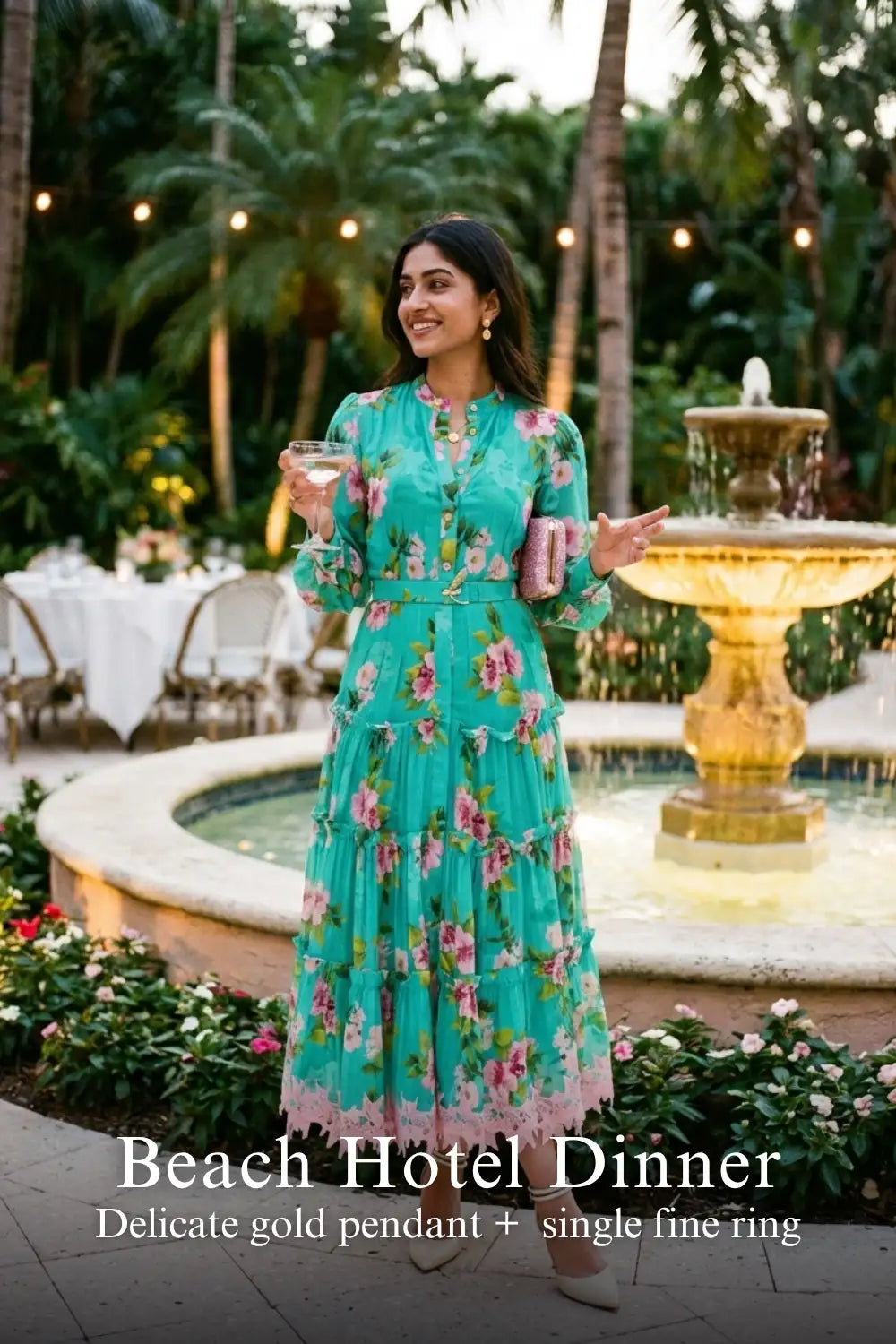 Woman in Pretty Pixie rosalyn light-teal floral tiered belted maxi dress styled for a beach hotel dinner