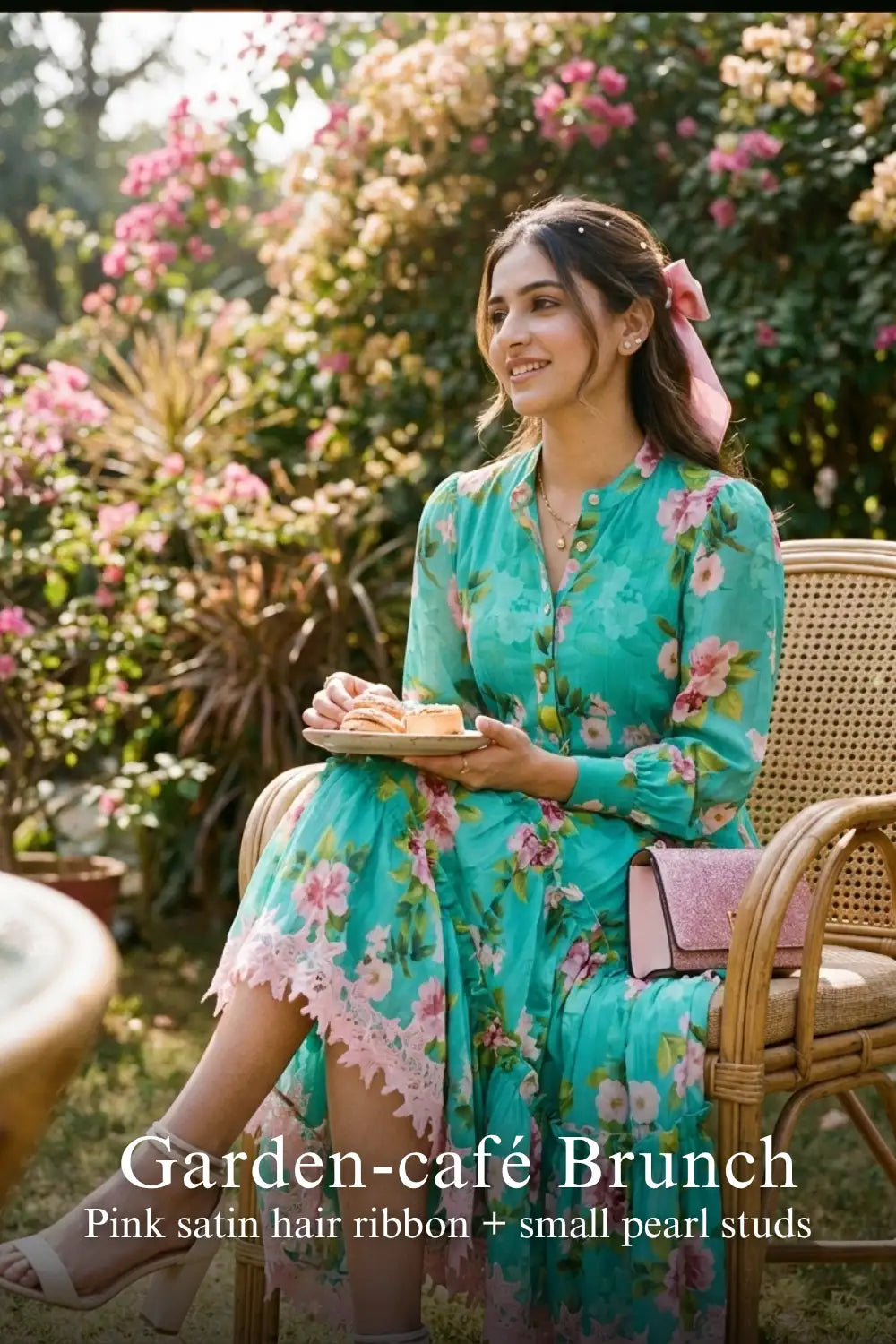 Woman in Pretty Pixie rosalyn light-teal floral tiered belted maxi dress styled for a garden cafe brunch