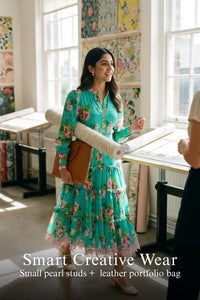 Woman in Pretty Pixie rosalyn light-teal floral tiered belted maxi dress styled for a smart creative wear
