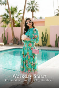 Woman in Pretty Pixie rosalyn light-teal floral tiered belted maxi dress styled for a workday smart