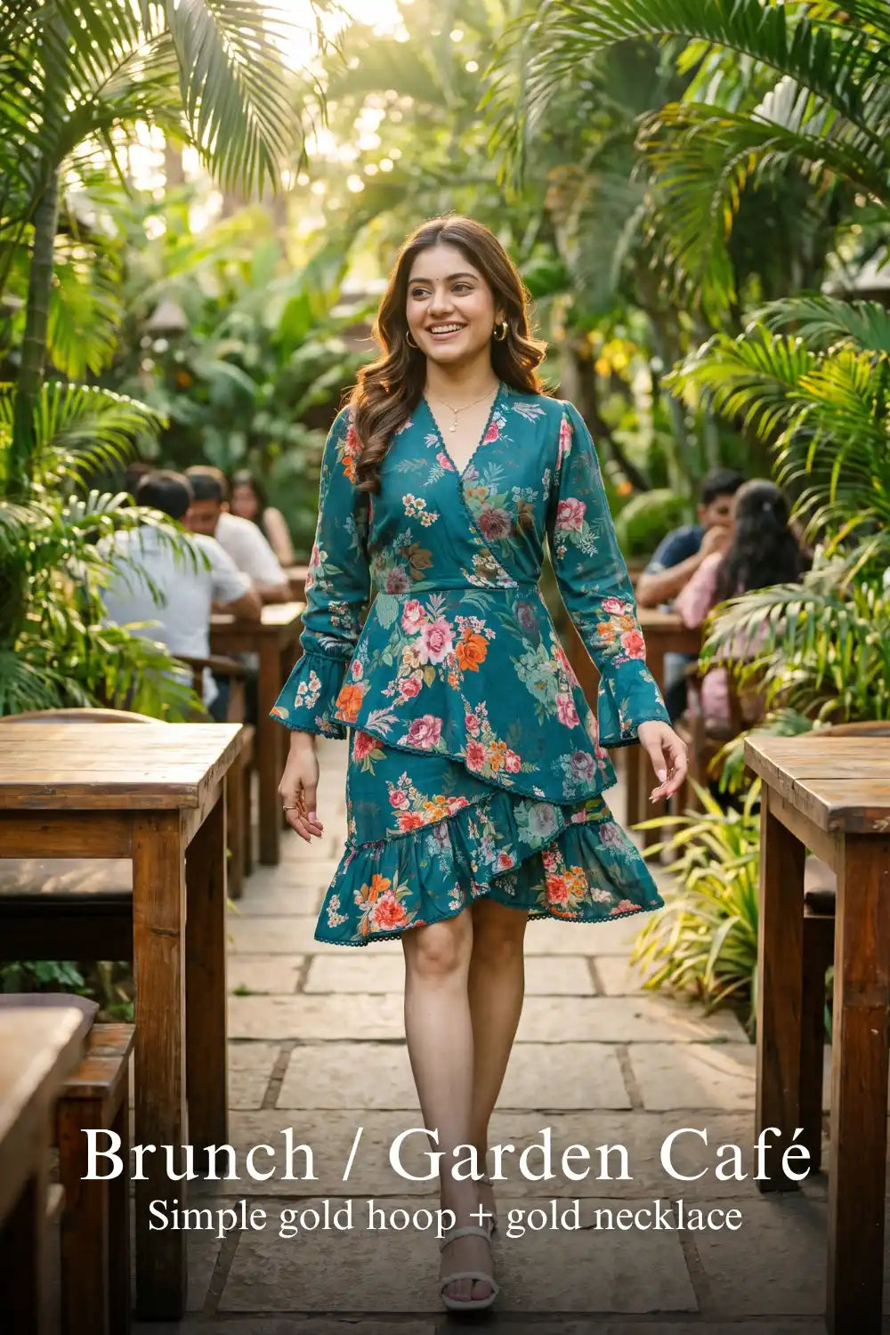 Pretty Pixie emerald floral wrap belted ruffle-hem dress for brunch garden cafe.