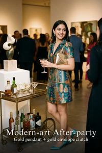 Pretty Pixie peacock jacquard mini dress for modern art after party.
