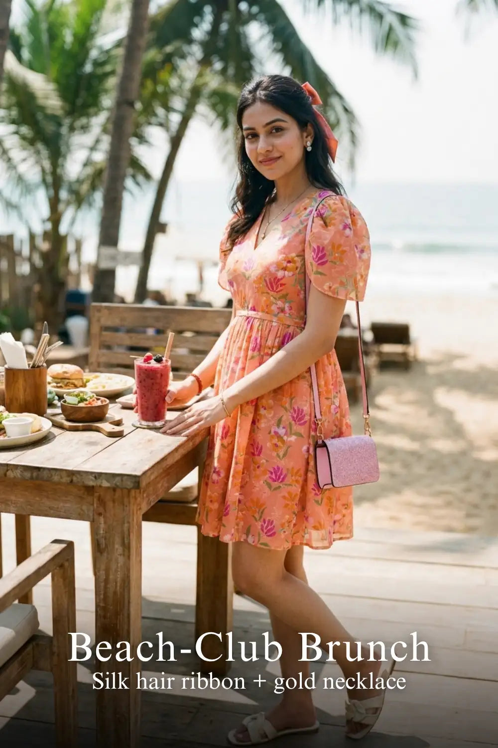 Woman in Pretty Pixie peach blossom floral v-neck flutter sleeve mini dress styled for a beach club brunch