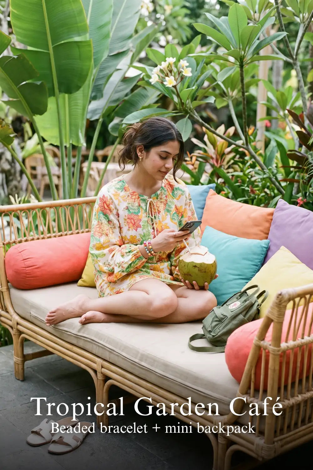 Woman in Pretty Pixie gardenia floral puff-sleeve smocked mini cotton dress styled for a tropical garden cafe