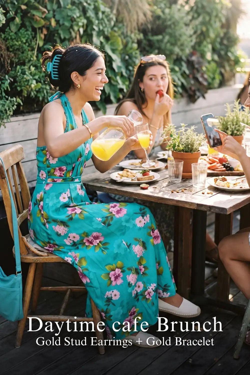 Turquoise floral halter maxi dress with gold stud earrings, outdoor brunch look - Pretty Pixie
