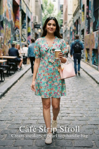 Pretty Pixie turquoise floral tie-neck puff-sleeve mini dress styled for a cafe strip stroll