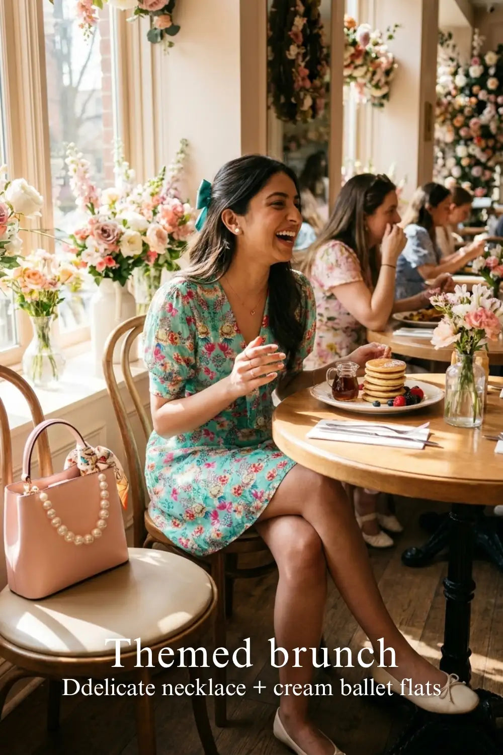 Pretty Pixie turquoise floral tie-neck puff-sleeve mini dress styled for a themed brunch