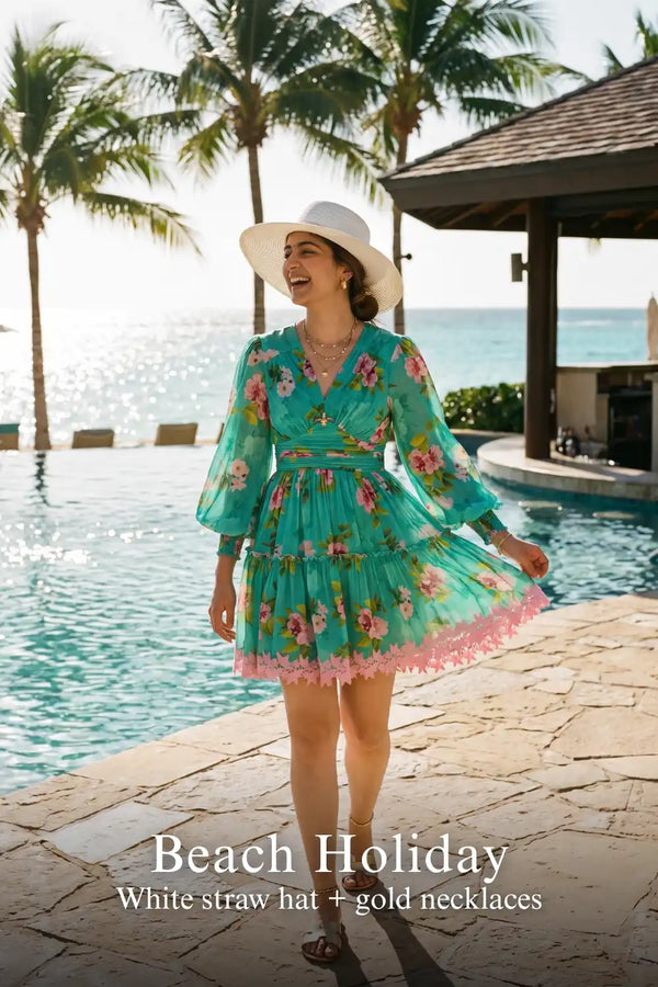 Turquoise Floral V-Neck Puff-Sleeve Lace-Hem Mini Dress — view 3