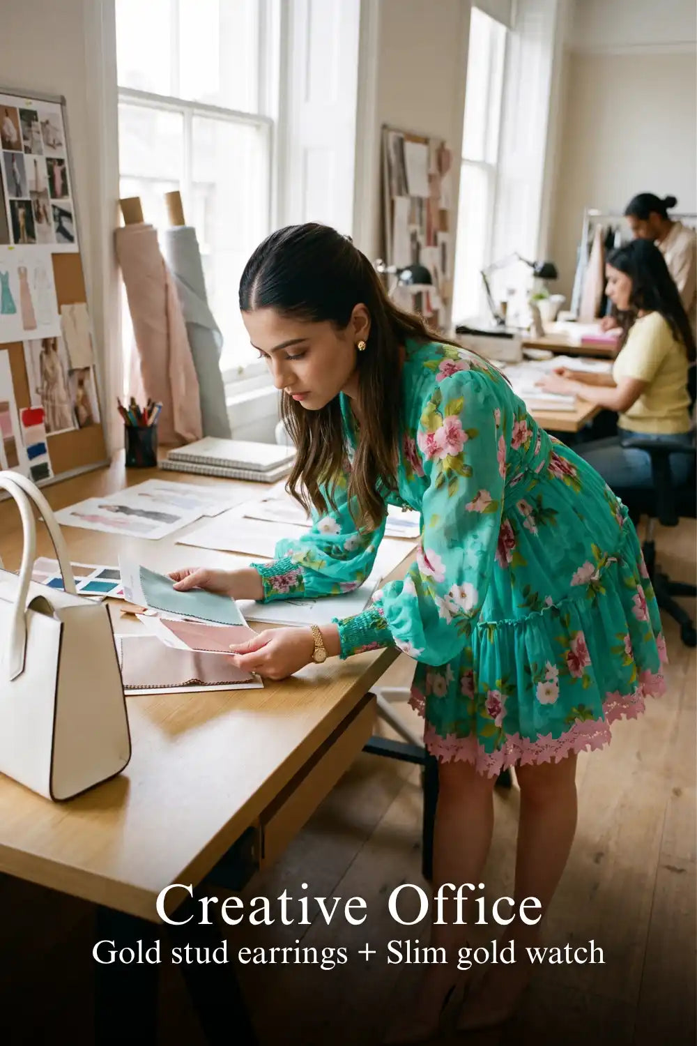Woman in Pretty Pixie turquoise floral v-neck puff-sleeve lace-hem mini dress styled for a creative office