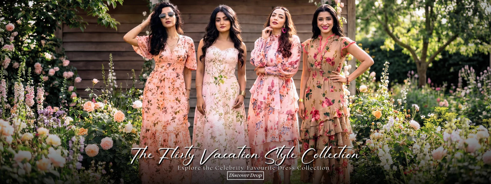 Pretty Pixie Flirty Vacation Style Collection banner featuring women wearing floral vacation dresses in a garden setting.