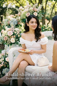 Woman in Pretty Pixie white eyelet ruffle mini dress styled for a bridal shower brunch