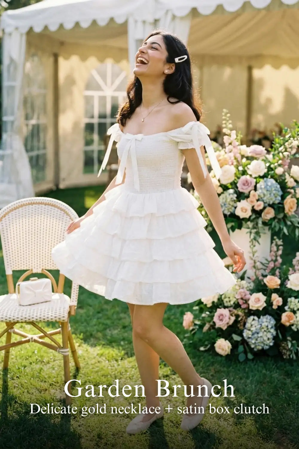 Pretty Pixie white cotton tiered ruffle eyelet mini dress for garden brunch.