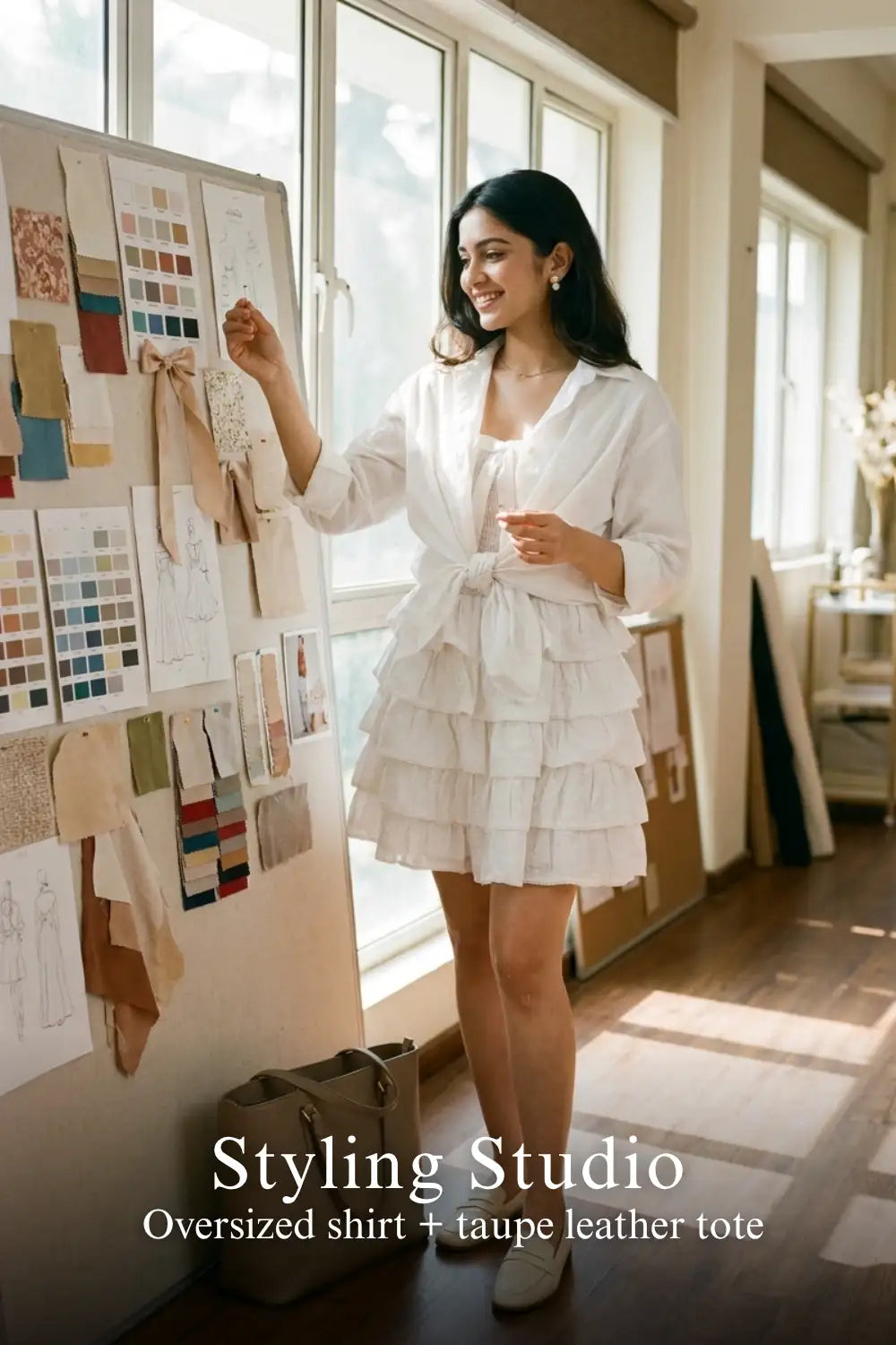 Pretty Pixie white cotton tiered ruffle eyelet mini dress for styling studio.