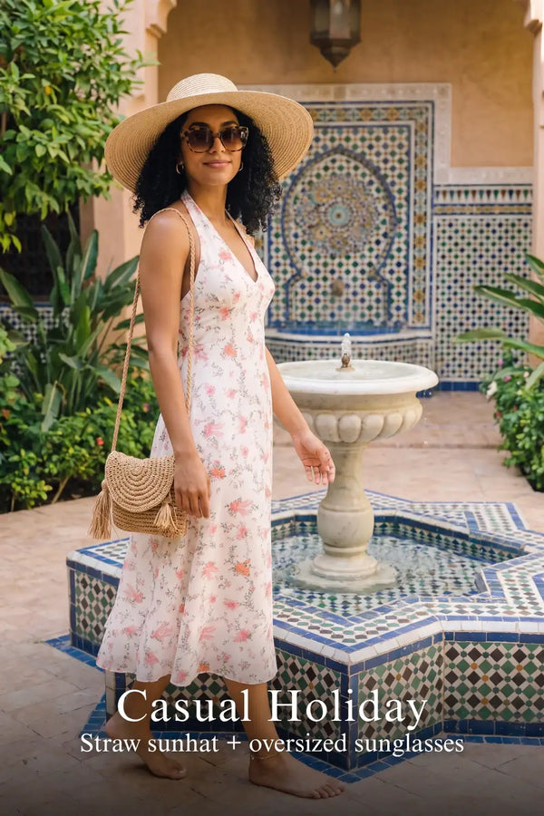 White Floral Bow Print Halter V-Neck Midi Dress — view 4