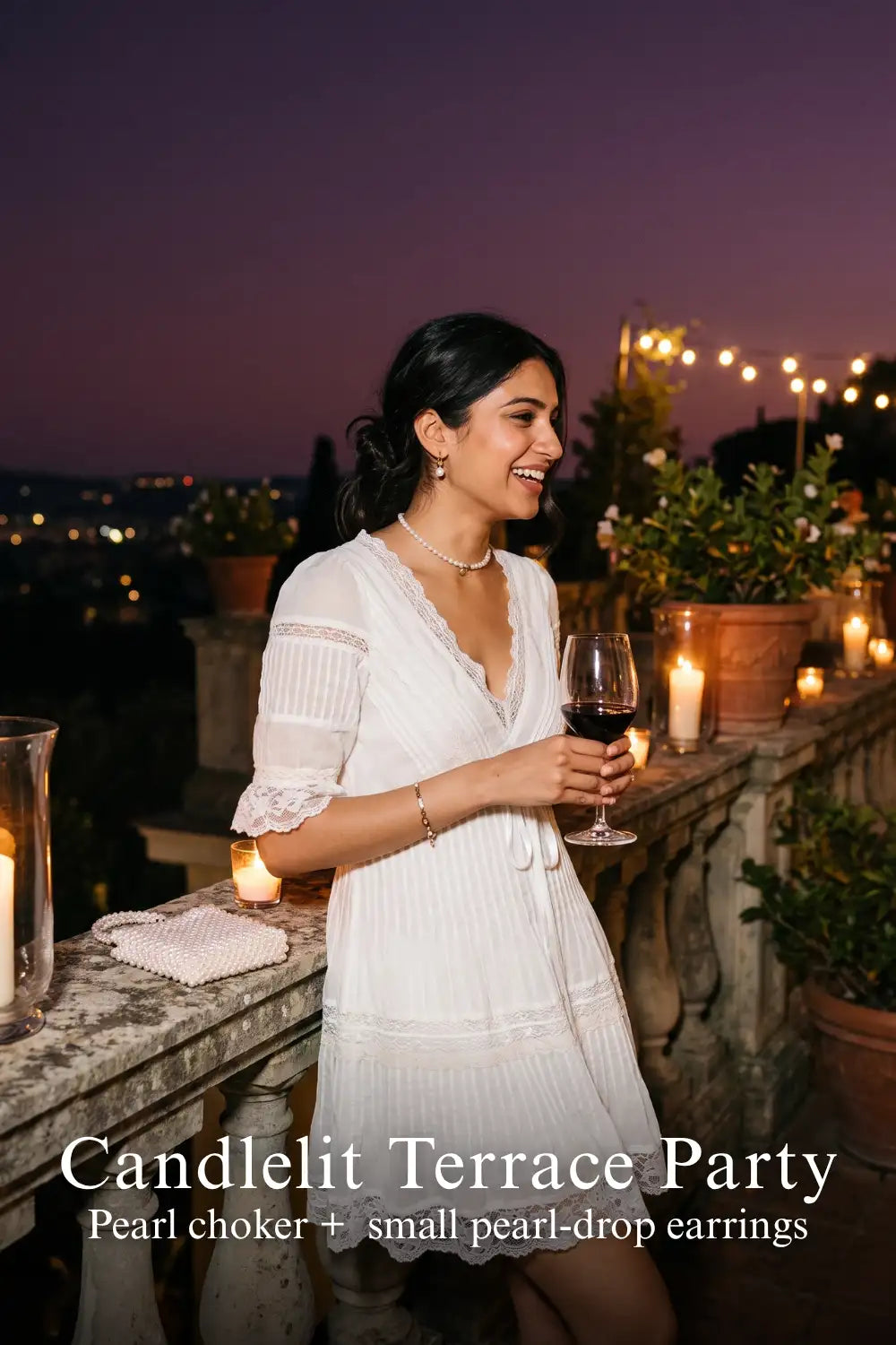 Pretty Pixie white lace-trim pleated v-neck dress for candlelit terrace party.