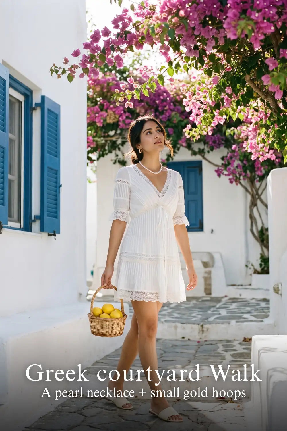 Pretty Pixie white lace-trim pleated v-neck dress for greek courtyard walk.