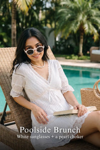 Pretty Pixie white lace-trim pleated v-neck tiered dress for poolside brunch.