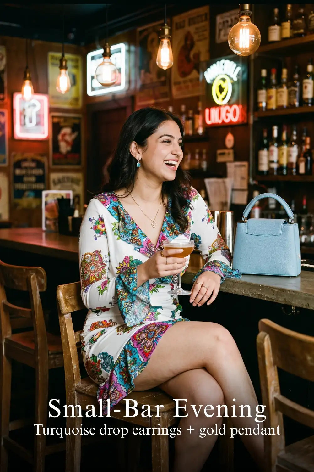 Pretty Pixie white floral wrap ruffle-hem long-sleeve mini dress styled for a small bar evening