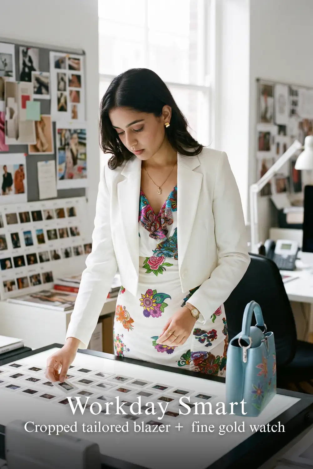 Pretty Pixie white floral wrap ruffle-hem long-sleeve mini dress styled for a smart workday