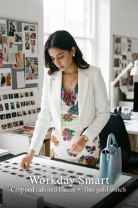 Pretty Pixie white floral wrap ruffle-hem long-sleeve mini dress styled for a smart workday