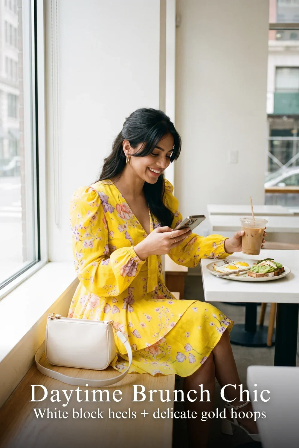 Woman in Pretty Pixie marigold tie-neck ruffle mini dress styled for a daytime brunch chic