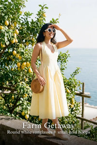Pretty Pixie lemon yellow halter bustier midi cotton dress for farm getaway.