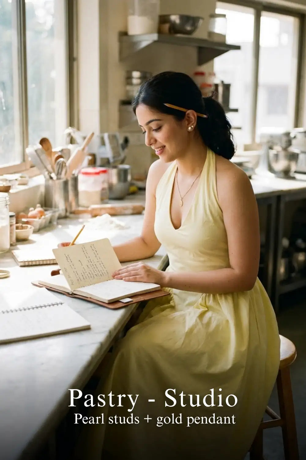 Pretty Pixie lemon yellow halter bustier midi cotton dress for pastry studio.