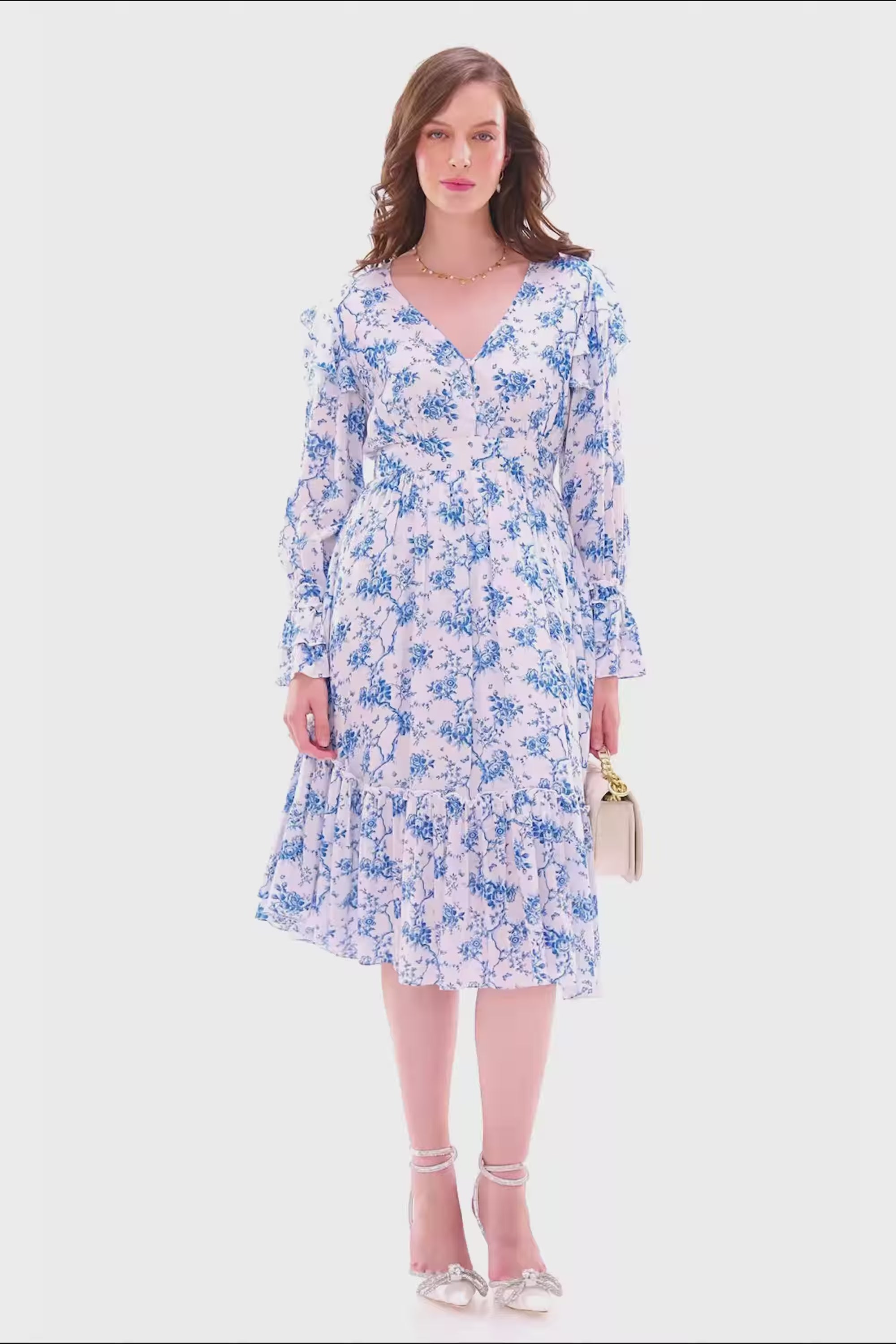 Powder blue floral midi dress  with ruffle sleeves