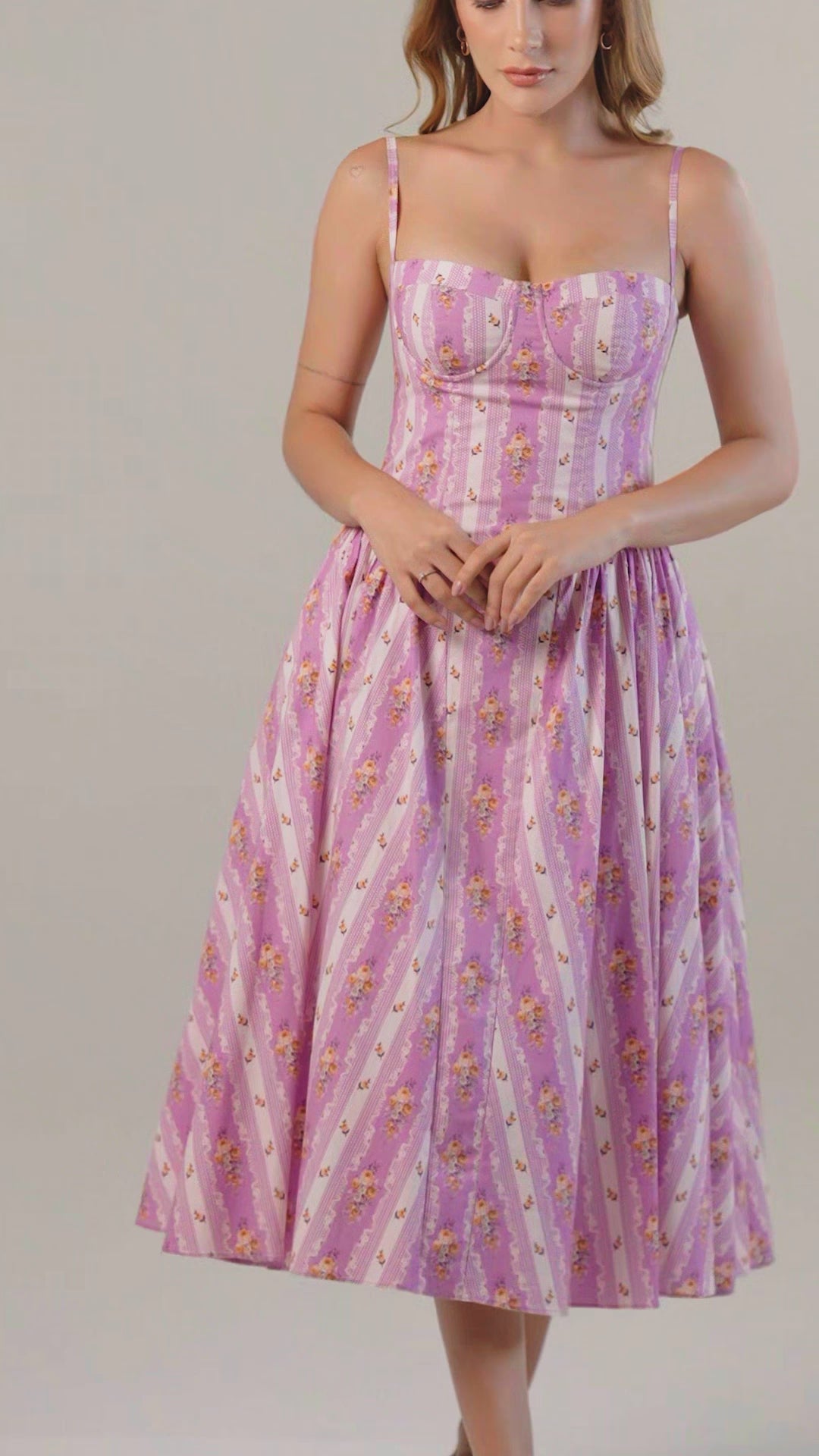 Lavender floral spaghetti-strap midi dress; sweetheart bodice, flared skirt