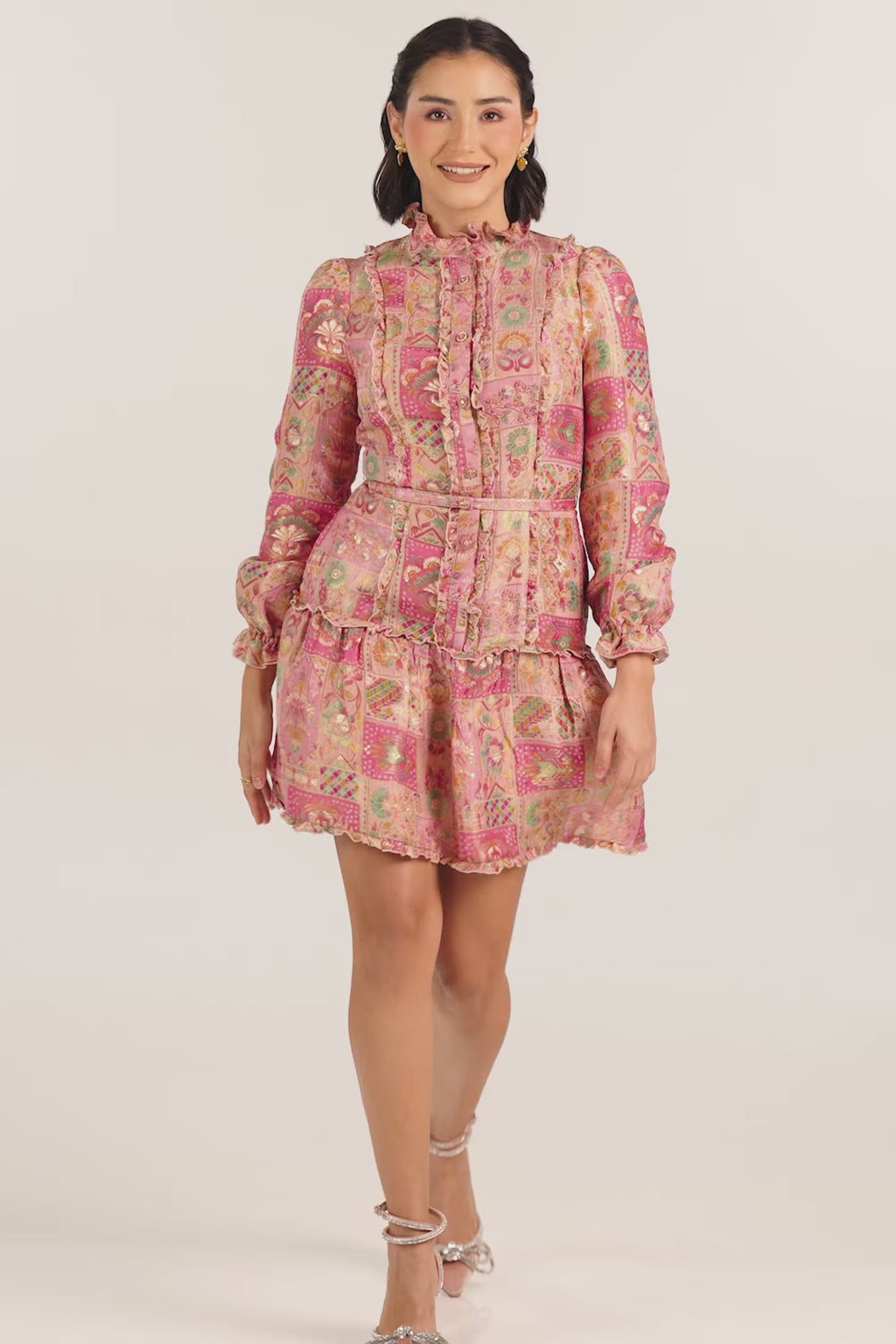 Pink Floral Jacquard Ruffle Belted Mini Dress