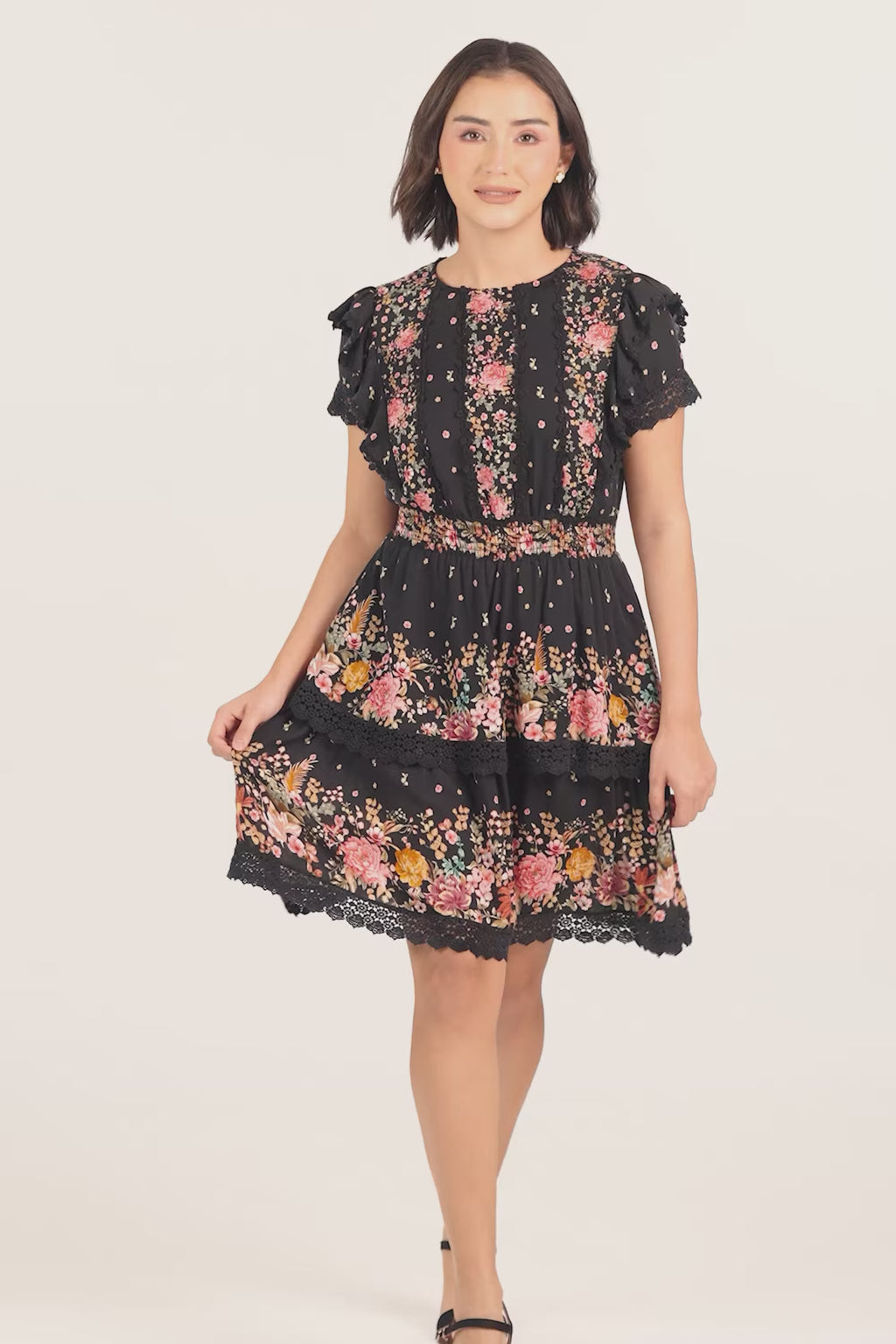 Black Floral Smocked Waist Ruffle Mini Dress