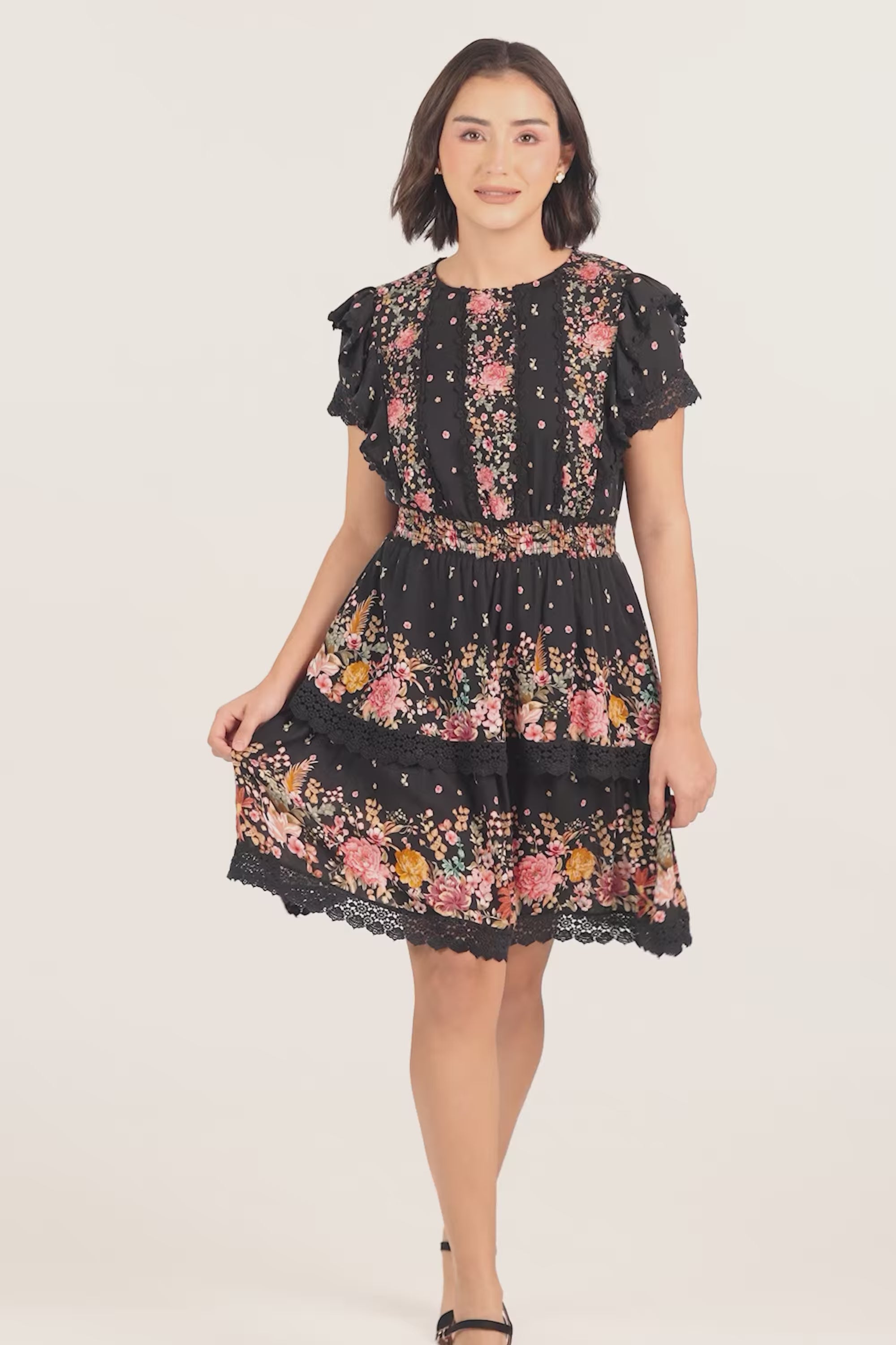 Black Floral Smocked Waist Ruffle Mini Dress