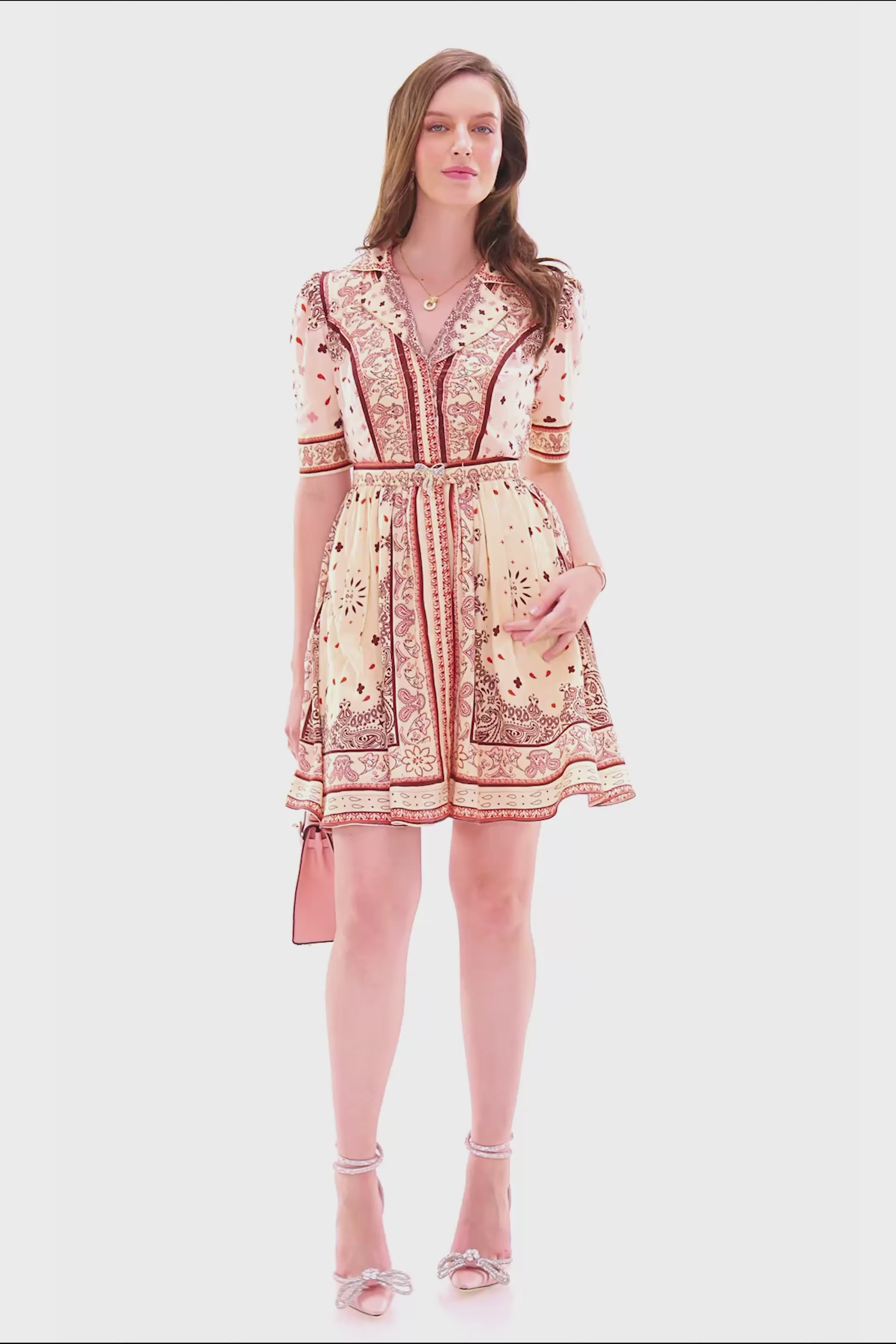 Women's white printed collared mini dress with short sleeves and flared hem