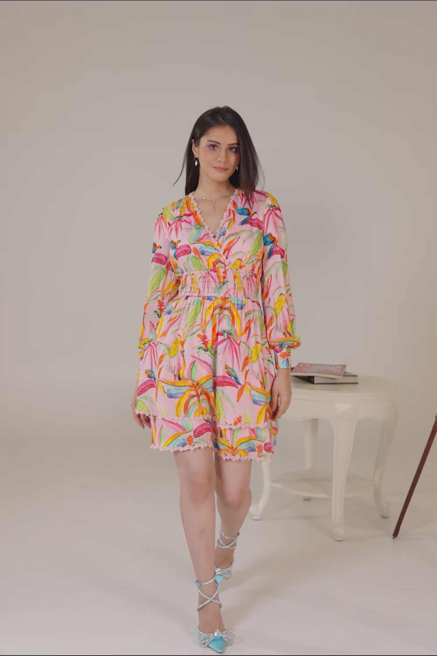 Tropical parrot print pink short dress with long sleeves