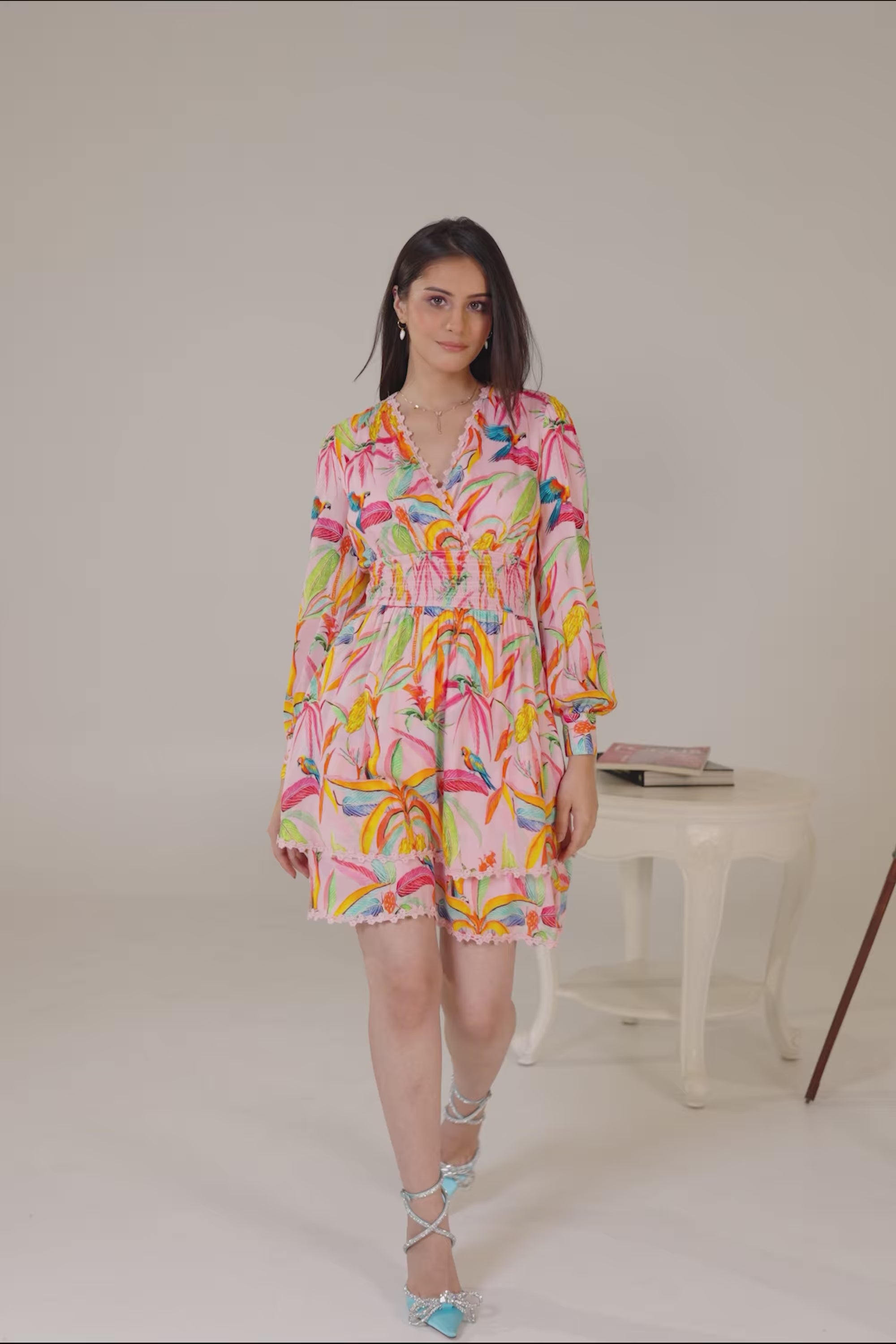 Tropical parrot print pink short dress with long sleeves