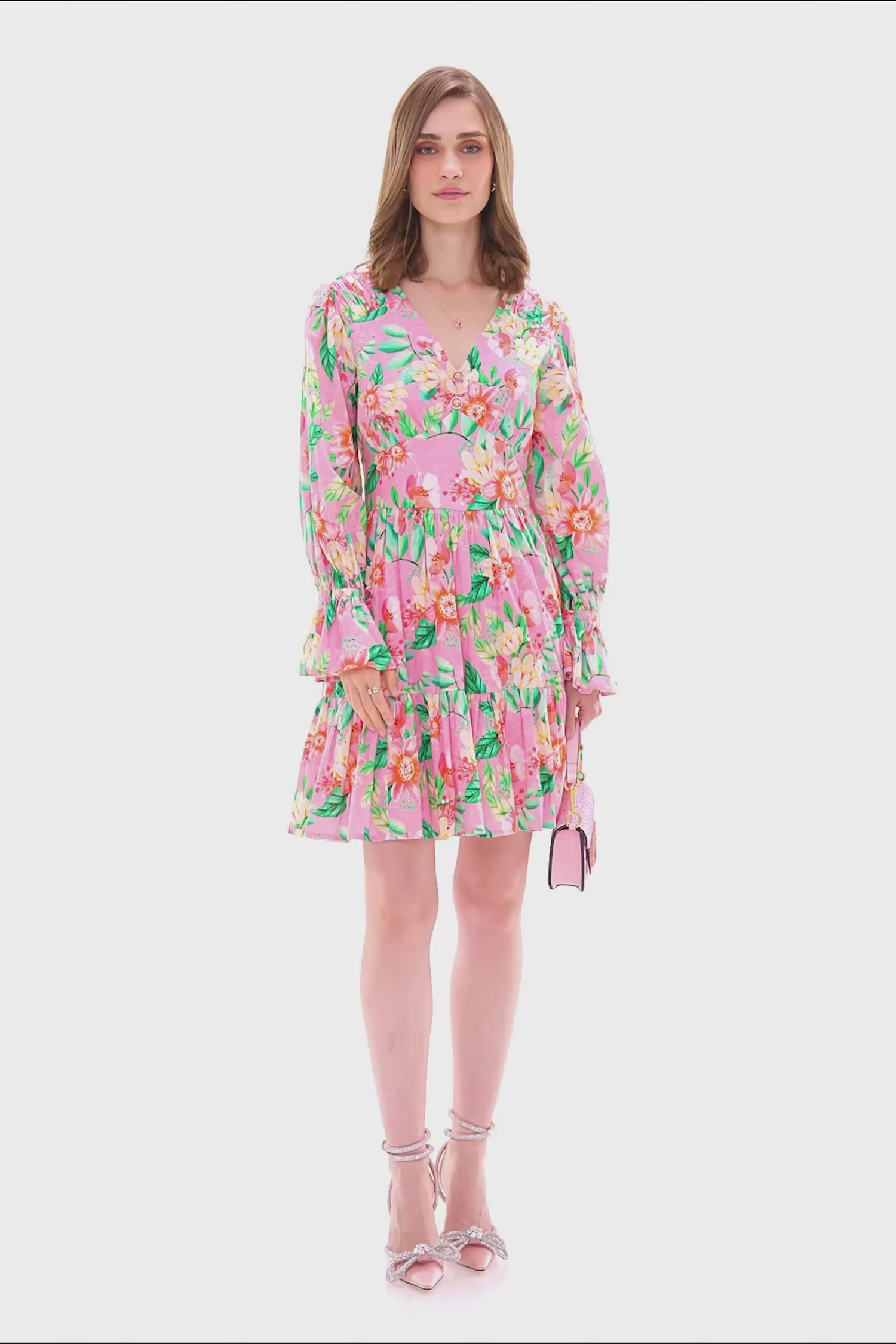 pink floral V-neck long sleeve mini dress with gathered waist