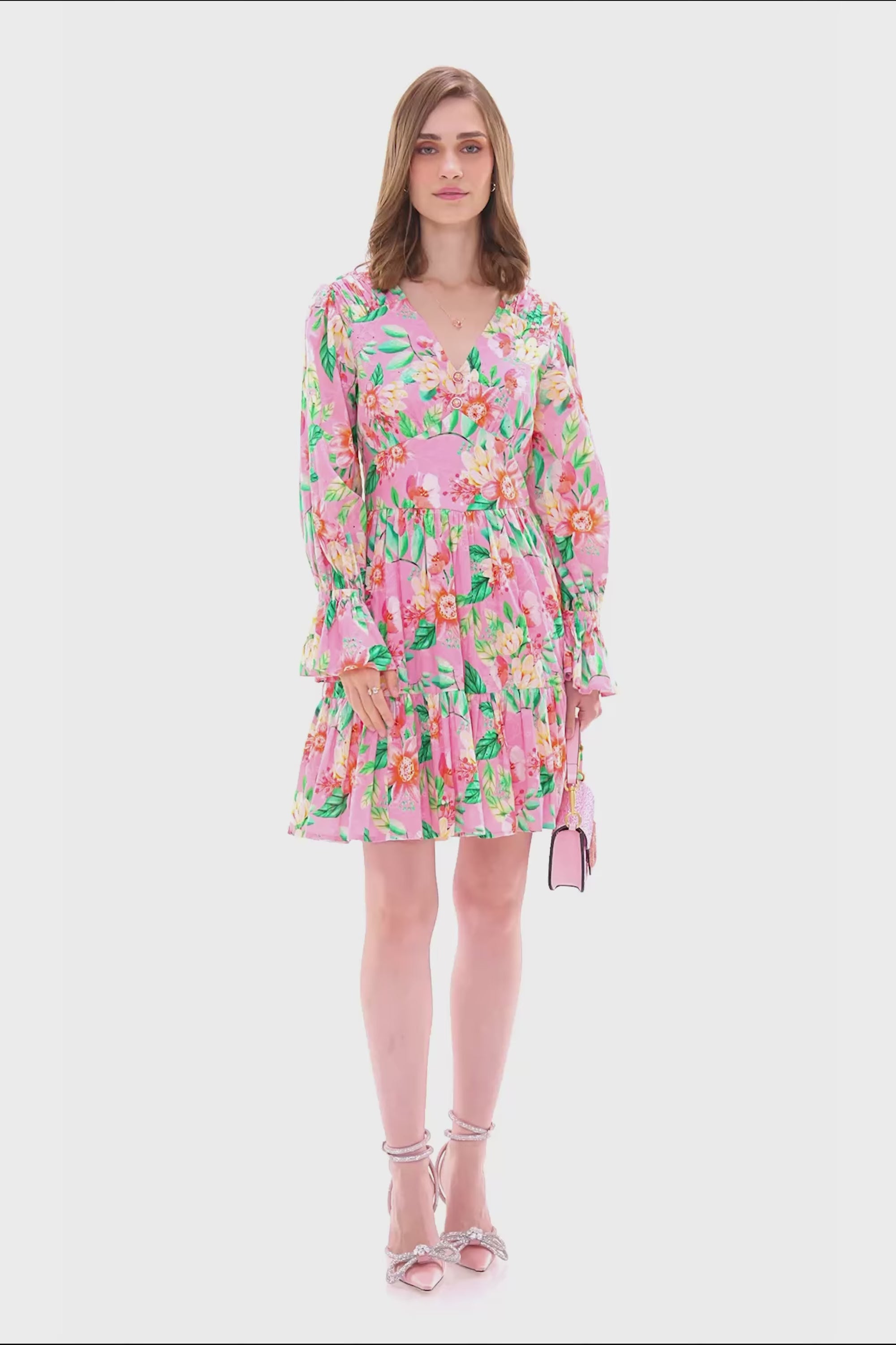 pink floral V-neck long sleeve mini dress with gathered waist