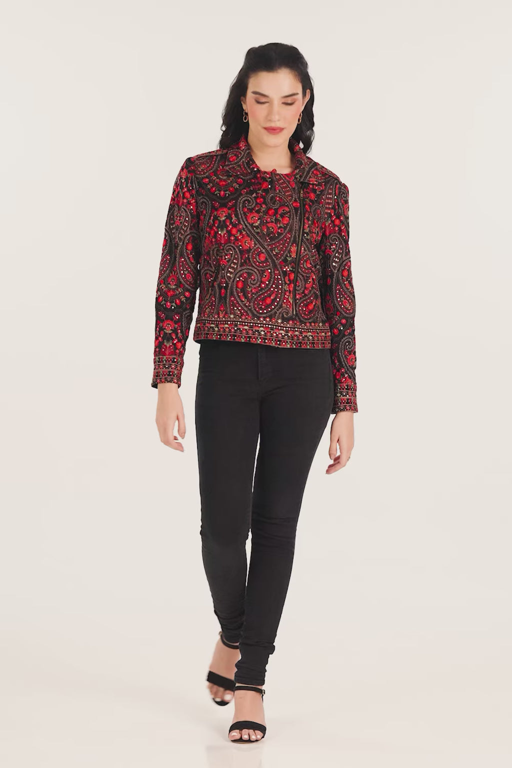 Crimson Paisley Black Hand Embroidered biker Jacket