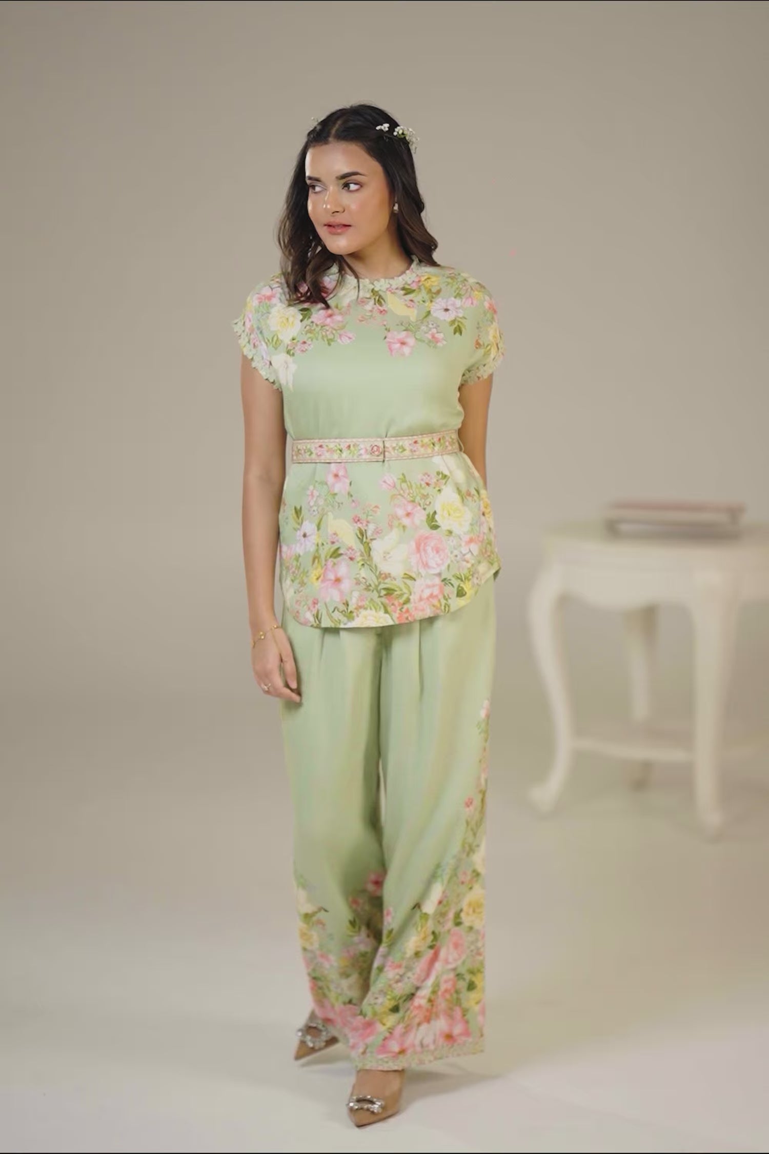 pastel green floral coord set with matching floral pants