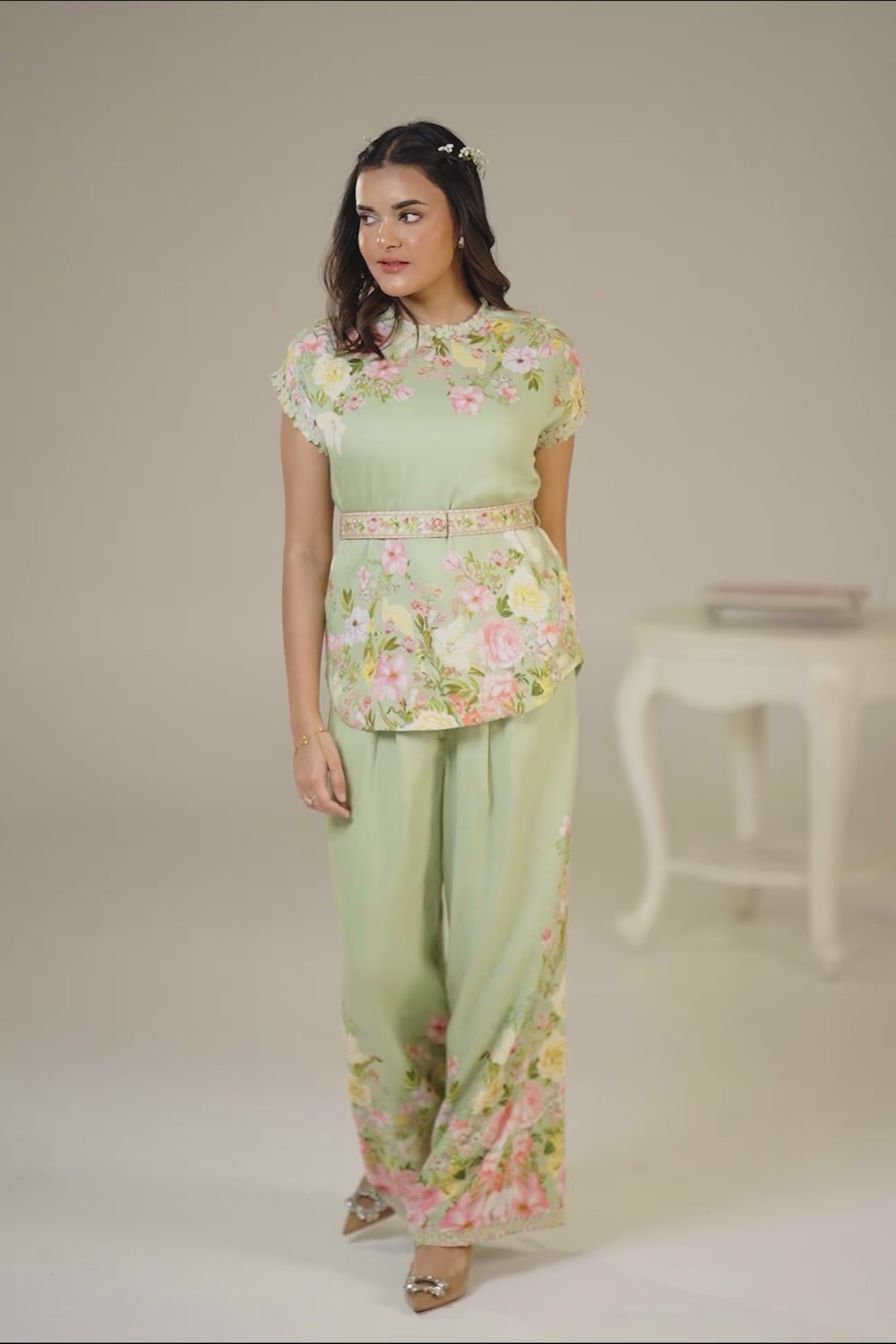 pastel green floral coord set with matching floral pants