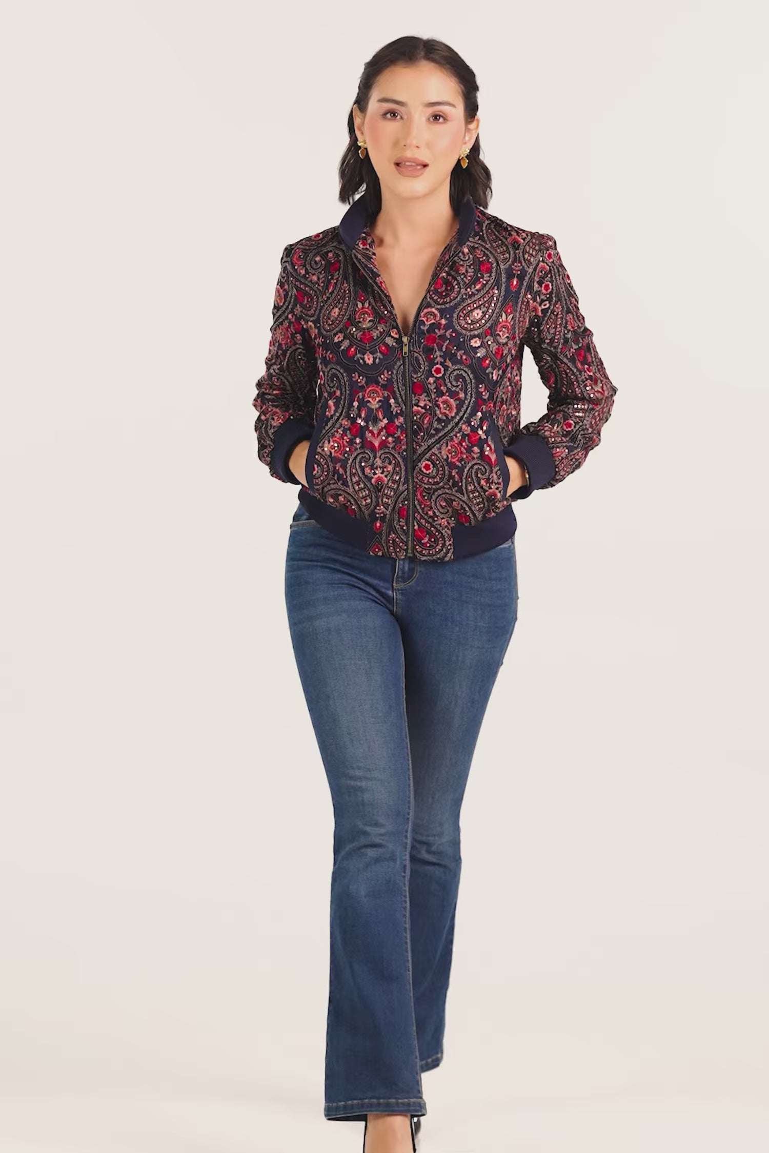 Crimson Paisley Navy Hand Embroidered Bomber Jacket
