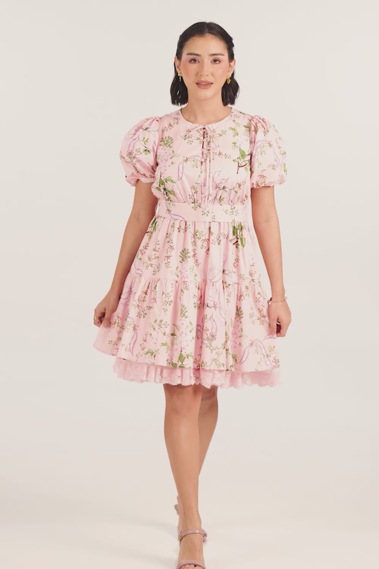 Blossom Pink Puff Sleeve Bow-Belted Mini Dress