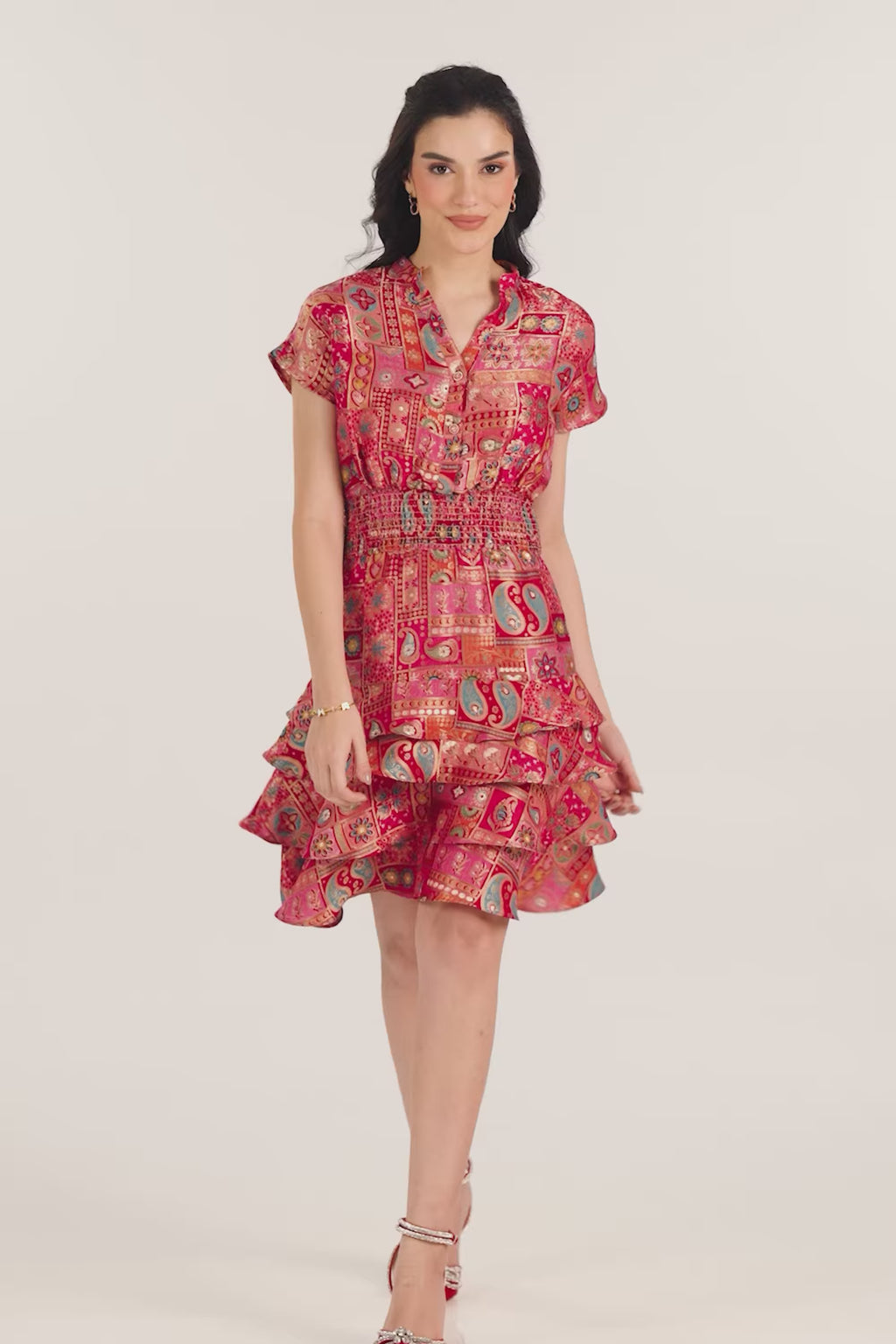 Coral Boho Red Smocked Waist Ruffle Tiered Mini Dress