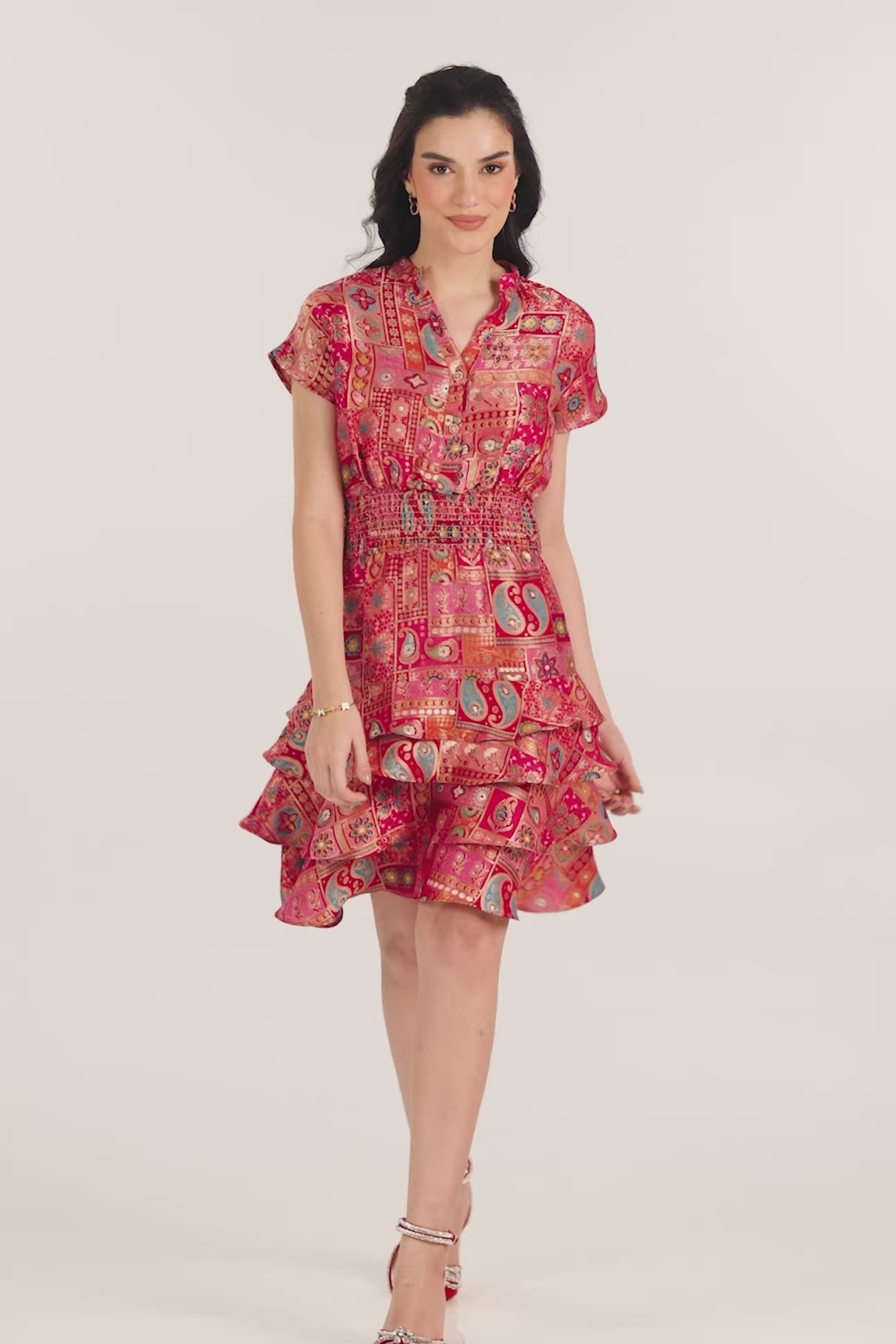 Coral Boho Red Smocked Waist Ruffle Tiered Mini Dress